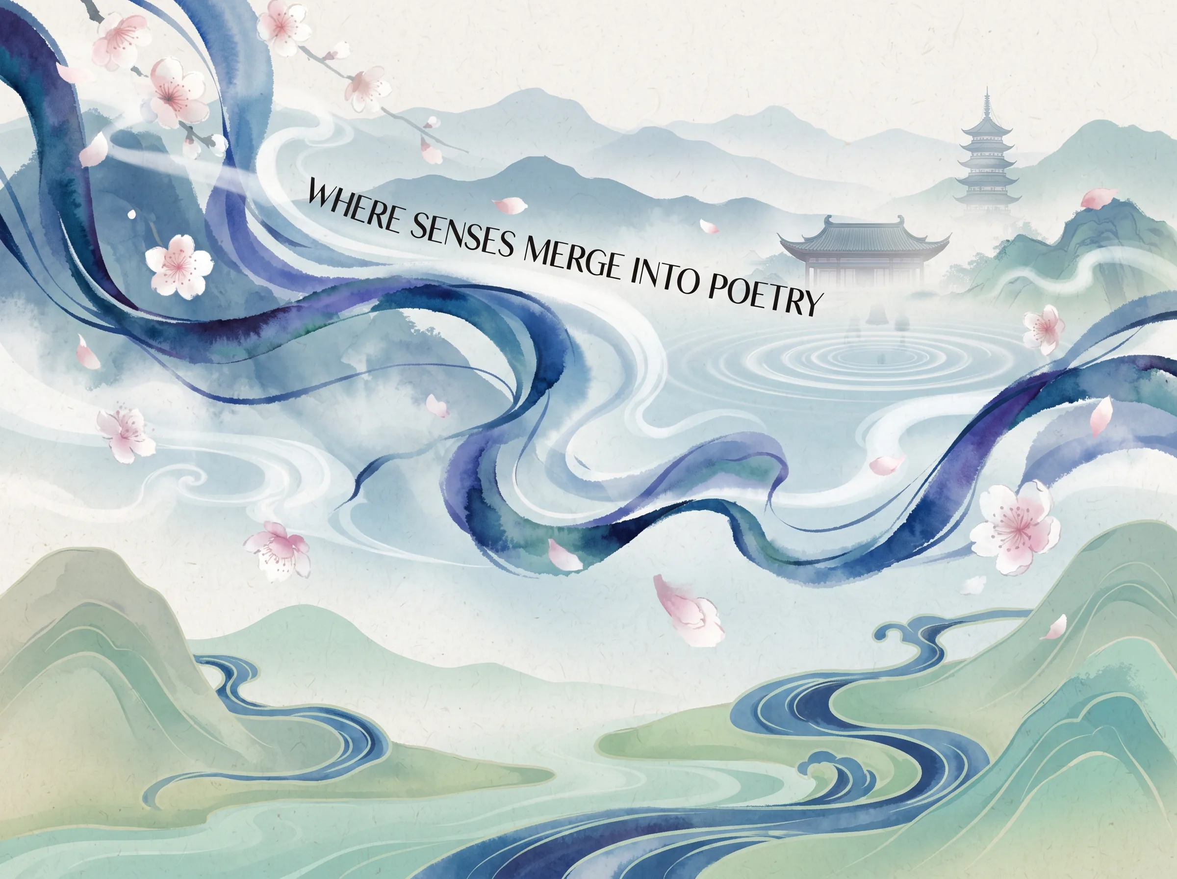 swirling ribbons of traditional Chinese water-colors floating through the air, merging with morning mist, falling plum blossoms in contemporary literati Chinese ink wash in deep Prussian blue and sage green with ample Xuan paper negative space, illustrating where senses merge into poetry, embodying 语言中的通感之美：'天水碧'、'暮山紫'，中国传统颜色命名将视觉、触觉与四时节候融为一体，赋予世界诗意的感知温度 on ChiDestiny