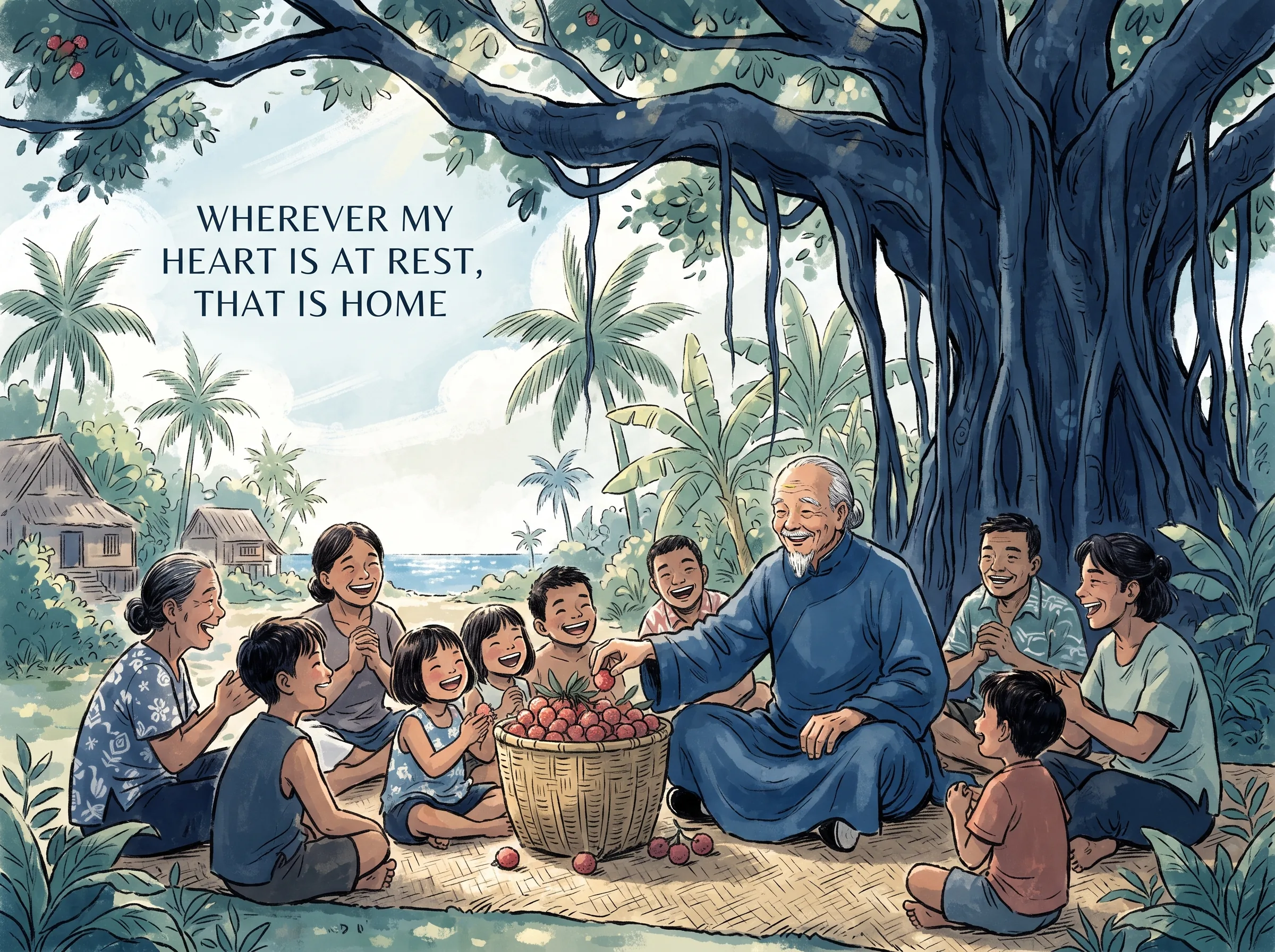 an elderly jovial scholar sitting cross-legged under sprawling southern banyan trees with indigenous island villagers and children, sharing ripe sweet lychees and laughter from bamboo baskets, deep Prussian blue scholar robe and tree roots in contemporary literati Chinese ink wash in deep Prussian blue and sage green with ample Xuan paper negative space, illustrating wherever my heart is at rest, that is home, embodying 被一贬再贬至天涯海角海南儋州，苏轼不仅不自哀，反而与黎族父老席地共饮、教书育人，日啖荔枝三百颗，不辞长作岭南人 on ChiDestiny