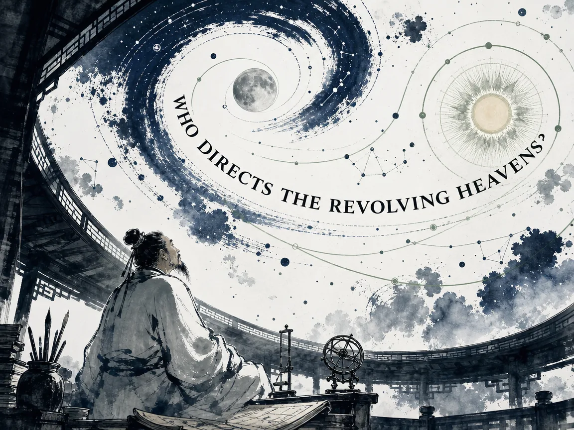 an awe-inspired astronomer-philosopher looking up through an open pavilion roof into revolving celestial spheres of moon, sun, and ink-splattered constellations turning with effortless organic harmony in contemporary literati Chinese ink cartoon style with Prussian blue ink wash, sage green accents, and Xuan paper negative space, illustrating who directs the revolving heavens?, embodying 天运循环苍穹回转，日月经天星辰列宿，自然之轮周流不息而无人执柄操弄，彰显造化神妙大化流转 on ChiDestiny