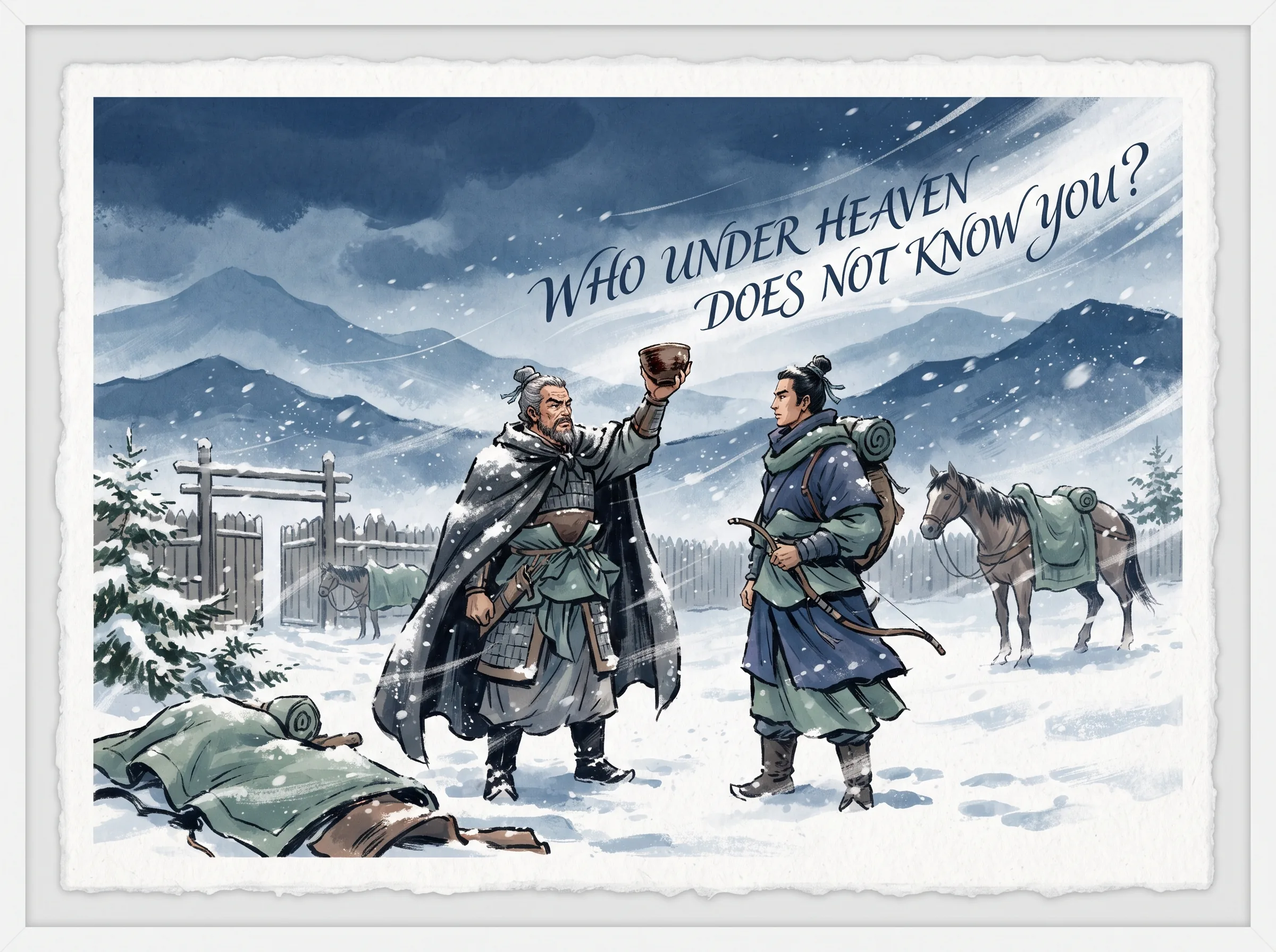 legendary farewell scene on a snowy frontier outpost, Gao Shi raising a rustic wine bowl high to toast a departing friend Dong Da, snow dancing across broad blue mountain silhouettes in contemporary literati Chinese ink wash in deep Prussian blue and sage green with ample Xuan paper negative space, illustrating who under heaven does not know you?, embodying '莫愁前路无知己，天下谁人不识君'：风雪边塞驿道上两匹骏马交错送别，一杯浊酒洒向苍茫雪原，为即将起飞的人生献上最豪迈的祝祷 on ChiDestiny