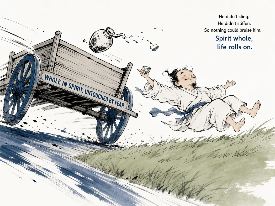 a completely relaxed merry drunkard tumbling gently off a speeding wooden wagon onto a soft grassy bank without a single scratch, smiling peacefully because his spirit is unified without stiffness or panic, Prussian blue cart wheels and road in contemporary literati Chinese ink cartoon style with Prussian blue ink wash, sage green accents, and Xuan paper negative space, illustrating whole in spirit, untouched by fear, embodying 醉汉从疾驰马车上跌落却安然无伤，因其乘不知也、坠不知也，神凝气聚无恐惧执念，暗喻全神养生之妙 on ChiDestiny