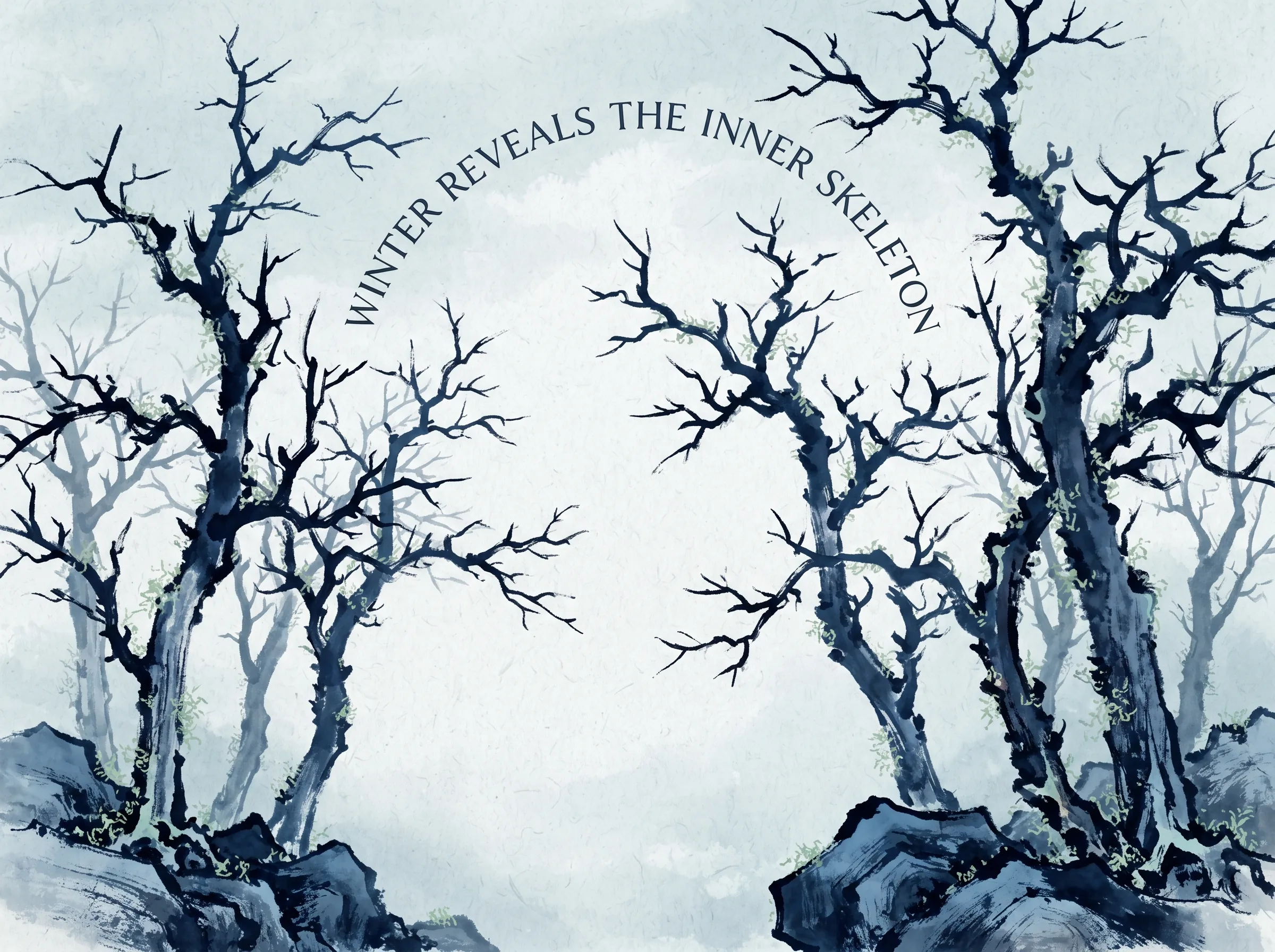 dramatic and stark landscape of tall leafless winter trees standing proudly against a frosty pale sky, their branches like vigorous calligraphic iron brushstrokes tracing cosmic veins, deep Prussian blue trunks and frozen rocks in contemporary literati Chinese ink wash in deep Prussian blue and sage green with ample Xuan paper negative space, illustrating winter reveals the inner skeleton, embodying 秋去冬来万木落尽：剥离繁密花叶的外在虚饰后，寒林中的古木裸露出铁铸般硬朗的筋骨与内在架构，展现最纯粹坚韧的生命底色 on ChiDestiny