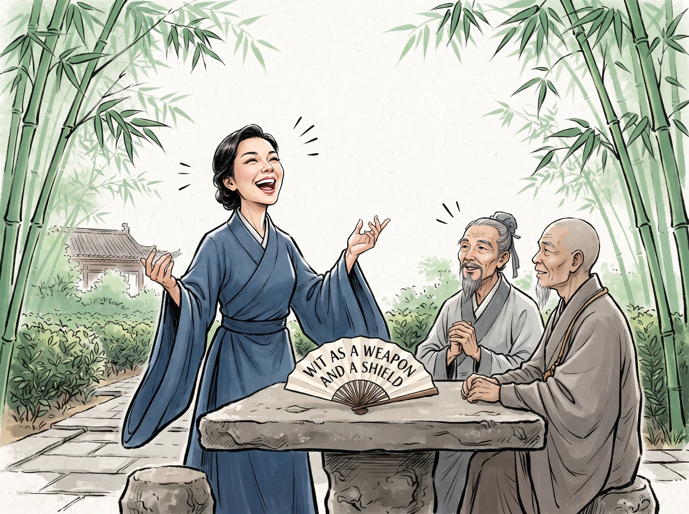 lively intellectual salon in a bamboo monastery garden, Li Ye laughing vivaciously and reciting sharp witty verses that leave great tea master Lu Yu and a monk nodding in joyful admiration, breaking social gender shackles with sheer genius in contemporary literati Chinese ink wash in deep Prussian blue and sage green with ample Xuan paper negative space, illustrating wit as a weapon and a shield, embodying 茶圣陆羽与名僧皎然在竹林兰若中与李冶品茶赋诗，李冶挥洒才思谈笑风生，在男权文人圈层中以惊世才华立下独立人格 on ChiDestiny