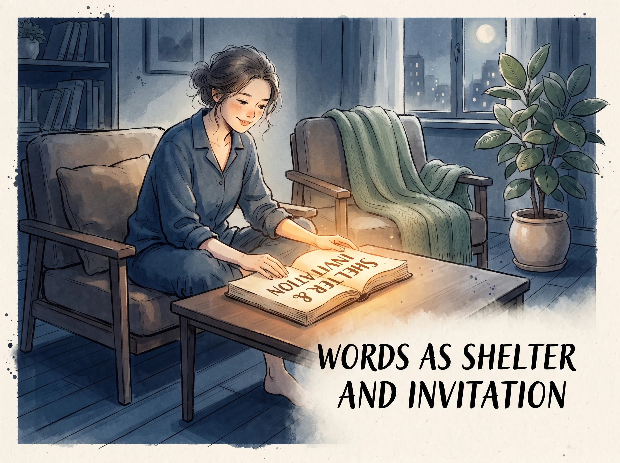 an open diary resting on a coffee table where a freshly inked title glows softly like a hearth lamp, illuminating a contented writer smiling in warm reflection, deep Prussian blue room ambiance in contemporary literati Chinese ink wash in deep Prussian blue and sage green with ample Xuan paper negative space, illustrating words as shelter and invitation, embodying 现代人在给自己的项目、空间或生活赋予一个有温度的名字时，重新唤醒对生活的专注与深情，字词化为温暖的庇护所 on ChiDestiny