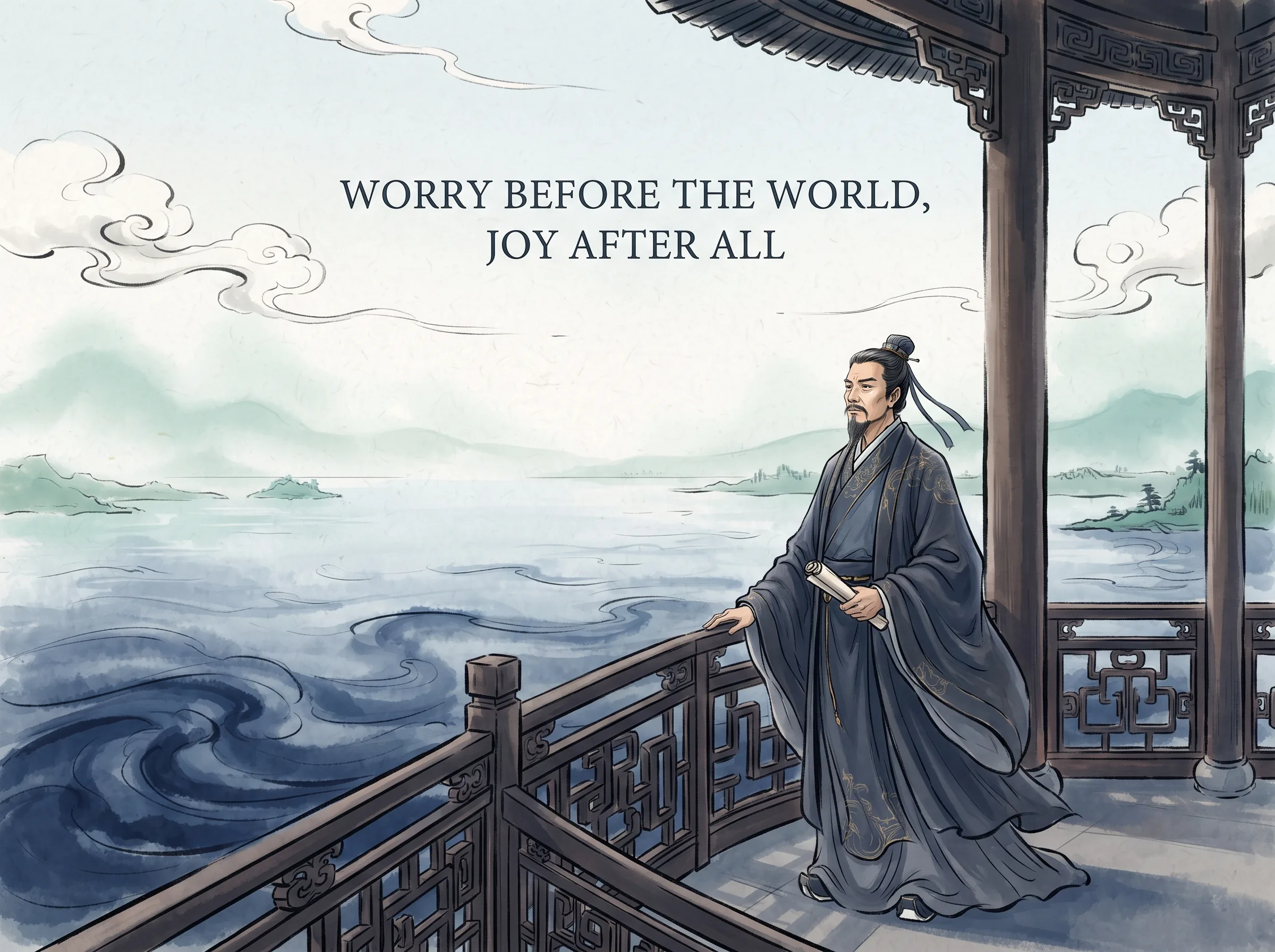 a noble statesman gazing out across the vast rolling waters of Dongting Lake from the grand wooden pavilion balcony of Yueyang Tower, clouds drifting freely over serene horizon, deep Prussian blue swirling waters and wooden pillars in contemporary literati Chinese ink wash in deep Prussian blue and sage green with ample Xuan paper negative space, illustrating worry before the world, joy after all, embodying 岳阳楼水天一色，浩浩汤汤，文人伫立凭栏凝望天下苍生，先天下之忧而忧，后天下之乐而乐，胸怀天下无私无畏 on ChiDestiny