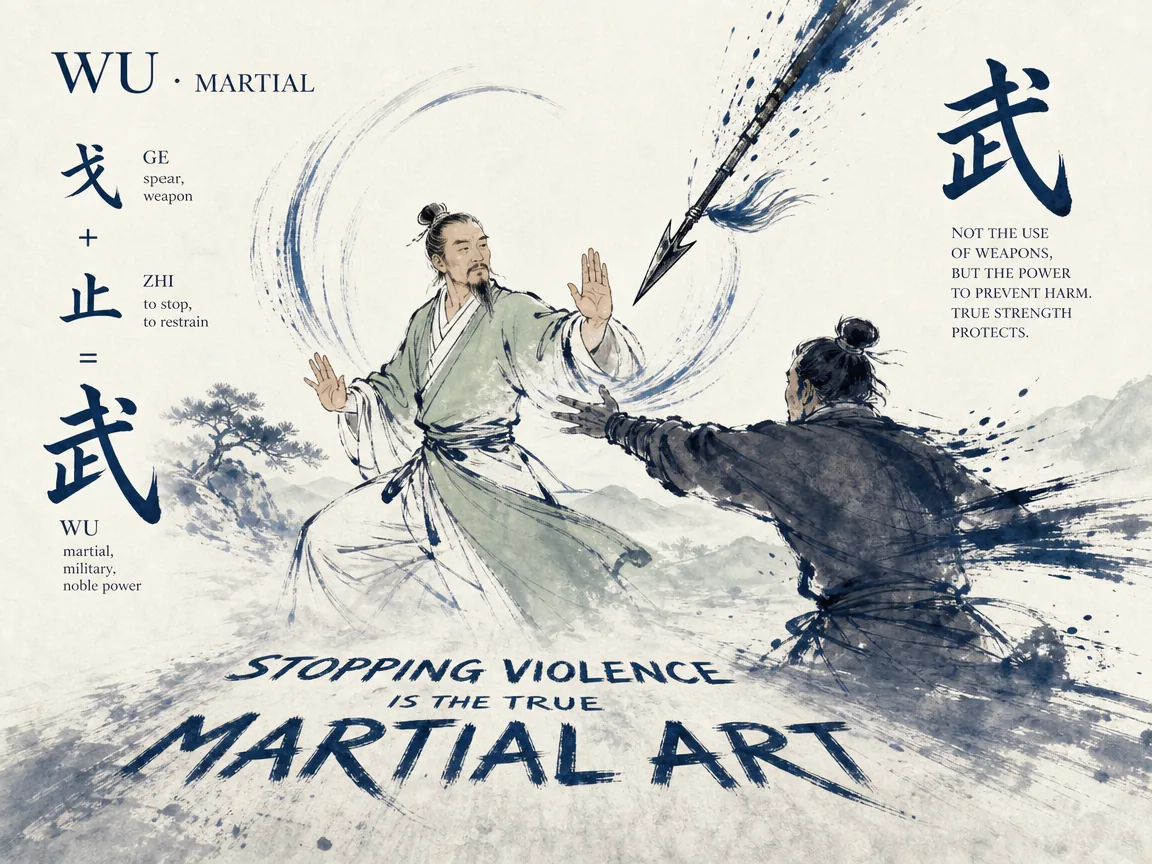 Symbolic etymology of character Wu (Martial: Zhi + Ge), showing a serene master opening empty palms to deflect a falling spear without harming the aggressor, turning weapons into peace in deep Prussian blue dynamic brushstrokes, soft sage green tunic accents, and bright rice paper, illustrating stopping violence is the true martial art (止戈为武), embodying the highest virtue of de-escalation on ChiDestiny