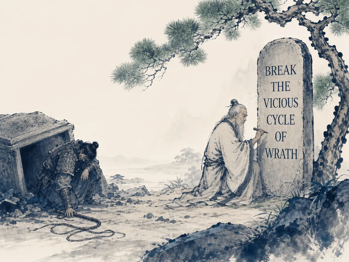 Exhausted warrior Wu Zixu dropping his whip beside an overturned tomb feeling empty hollow despair, beside a peaceful sage carving words of proportional justice onto a boundary stele in Prussian blue stony shadows, calming sage green pine boughs, and generous negative space, illustrating breaking the vicious cycle of wrath, contrasting destructive vengeance with ethical proportionality (以直报怨) on ChiDestiny