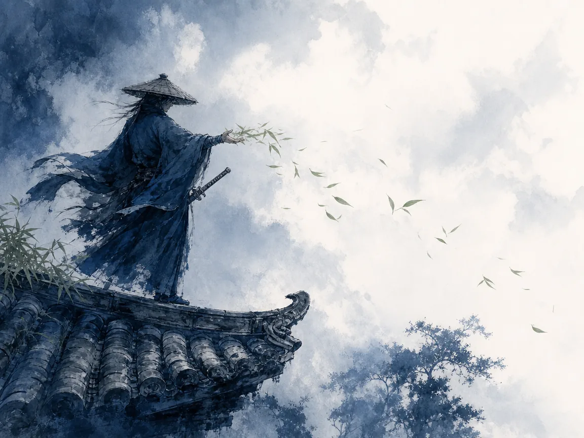 Solitary swordsman in flowing robes standing upon weathered rooftop eaves gently scattering bamboo leaves into the evening wind in cinematic poetic ink wash depicting rooftop silhouettes, sheathed sword, and swirling bamboo foliage, illustrating the moral essence of Wuxia, where true mastery lies in ethical defense of the vulnerable rather than bloodshed on ChiDestiny