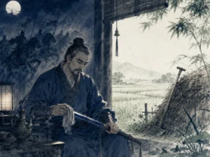 Aging warrior-poet by lamplight resting hand on an antique broadsword while a farm hoe leans outside in moonlit rice fields in grand bittersweet literati night wash blending lamplit sword memories with fragrant moonlit fields, illustrating Xin Qiji's reconciliation of frustrated martial ambition with the serene rhythms of agrarian life on ChiDestiny