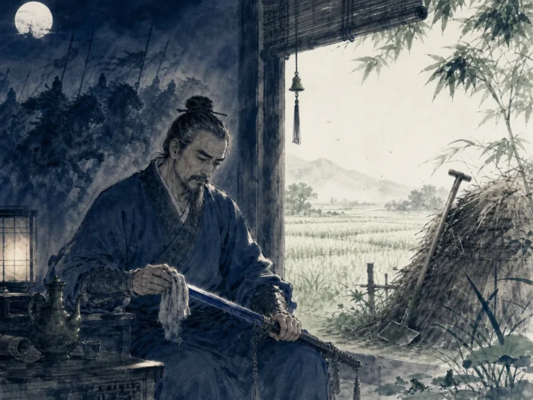 Aging warrior-poet by lamplight resting hand on an antique broadsword while a farm hoe leans outside in moonlit rice fields in grand bittersweet literati night wash blending lamplit sword memories with fragrant moonlit fields, illustrating Xin Qiji's reconciliation of frustrated martial ambition with the serene rhythms of agrarian life on ChiDestiny