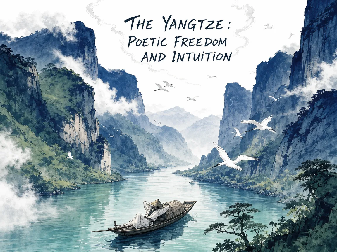 Luminous turquoise waters of the Yangtze flowing gracefully through emerald gorges, a solitary traveler reclined on a wooden boat drifting under fluttering egrets and mist in deep tonal Prussian blue canyon silhouettes, lush sage green slopes, and airy white sky, illustrating the Yangtze spirit of poetic freedom and intuition, nurturing southern romanticism, Daoist spontaneity, and lyricism on ChiDestiny