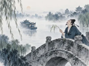Pensive poet holding a fresh green willow sprig leaning against an arched stone bridge as pleasure boats fade into morning mist in melancholic atmospheric ink wash capturing water mist, weeping willows, and wistful smiles, illustrating Du Mu's self-aware irony and playful detachment healing unfulfilled political ambitions on ChiDestiny
