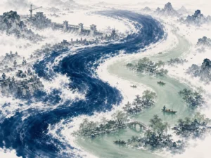 Surging northern current weaving with a tranquil southern river ribbon dotted with fishing skiffs across white space in grand panoramic yin-yang ink composition contrasting dense muscular torrents with delicate water meadows, illustrating the twin rivers of China embodying complementary values of collective duty and individual poetic freedom on ChiDestiny