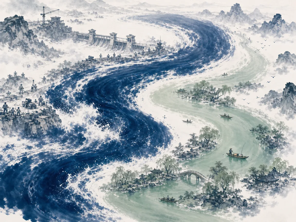 Surging northern current weaving with a tranquil southern river ribbon dotted with fishing skiffs across white space in grand panoramic yin-yang ink composition contrasting dense muscular torrents with delicate water meadows, illustrating the twin rivers of China embodying complementary values of collective duty and individual poetic freedom on ChiDestiny