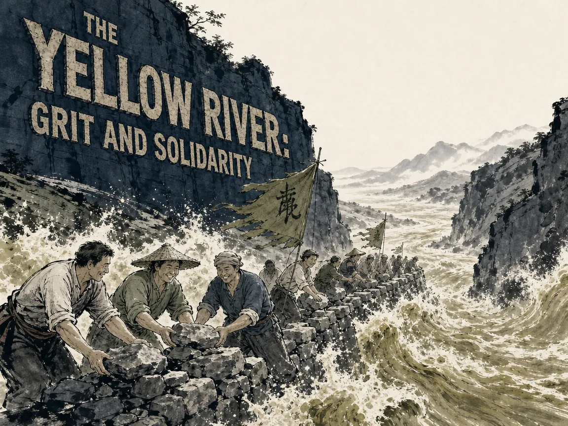 Thundering muddy currents of the Yellow River crashing through rocky gorges, where resilient united farmers build stone dikes together with steadfast smiles, embodying enduring grit in heavy Prussian blue rocky cliffs, earthy sage green river silt, and expansive rice paper negative space, illustrating the Yellow River spirit of grit and solidarity, demonstrating how geological hardship forged collective social responsibility on ChiDestiny