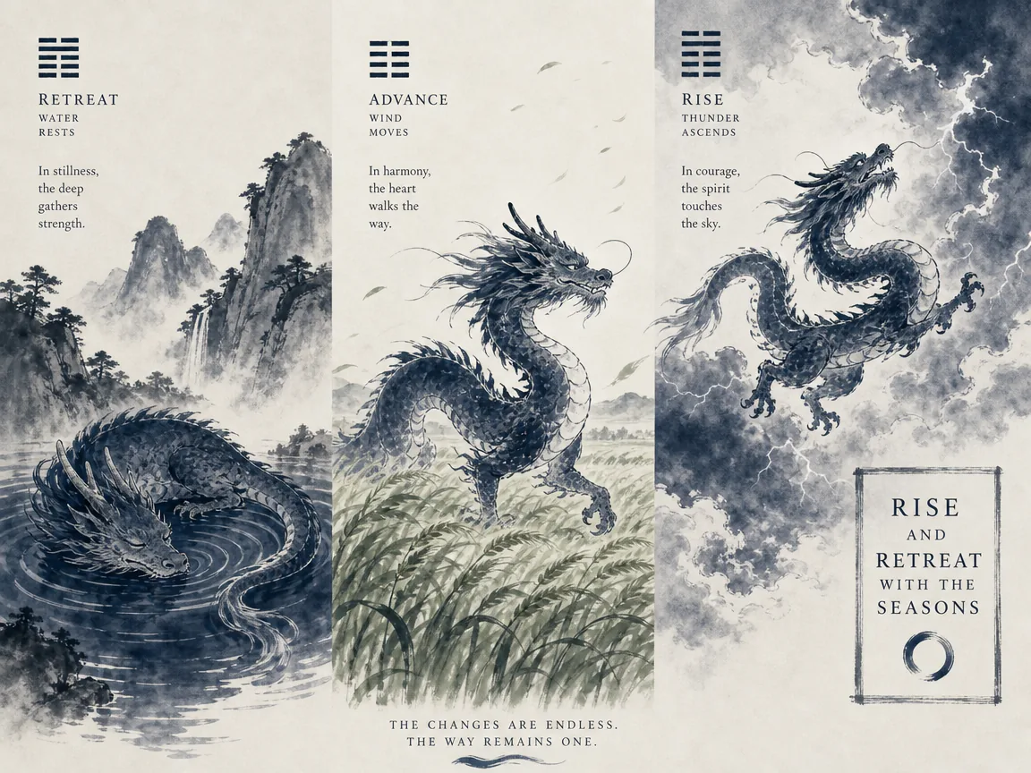 A wise ink dragon depicted across three sequential stages: resting peacefully in a dark mountain pool, stepping through spring wheat fields, and soaring majestically into thunderous skies in Prussian blue sweeping brushstrokes and gentle sage green rain ripples on serene rice paper, illustrating the Qian Gua dragon stages of hidden potential, active emergence, and soaring maturity, aligning life rhythms with natural seasons on ChiDestiny