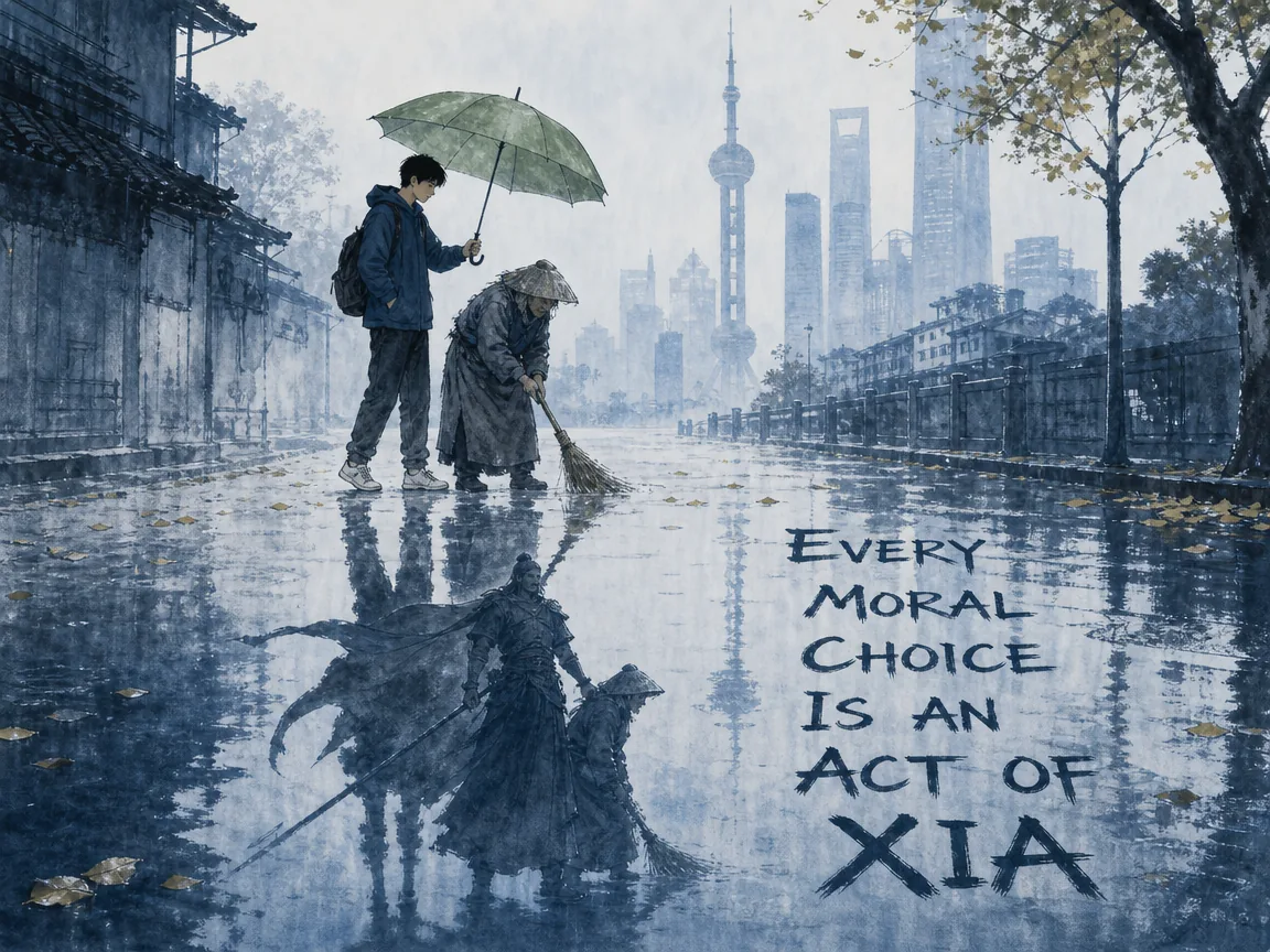 Everyday young commuter holding an umbrella over an old street sweeper in the autumn drizzle, their puddle reflection revealing the ancient silhouette of an honorable knight protecting the vulnerable in Prussian blue city street and rain, fresh sage green umbrella canopy, and spacious negative space, illustrating every moral choice is an act of Xia, showing that heroic chivalry lives in everyday compassion on ChiDestiny