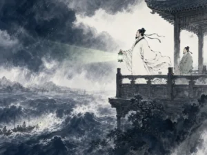 Dignified statesman standing firm on a high pavilion terrace holding a steady lantern above turbulent stormy lake waves in stately heroic literati wash contrasting dark storm squalls on Dongting Lake with steady lantern rays, illustrating Fan Zhongyan's selfless ideal of worrying before the world and rejoicing after it, overcoming burnout on ChiDestiny