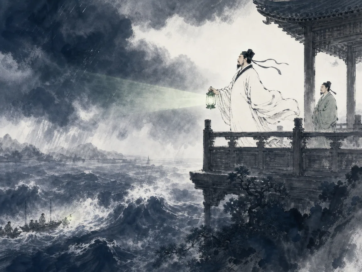Dignified statesman standing firm on a high pavilion terrace holding a steady lantern above turbulent stormy lake waves in stately heroic literati wash contrasting dark storm squalls on Dongting Lake with steady lantern rays, illustrating Fan Zhongyan's selfless ideal of worrying before the world and rejoicing after it, overcoming burnout on ChiDestiny