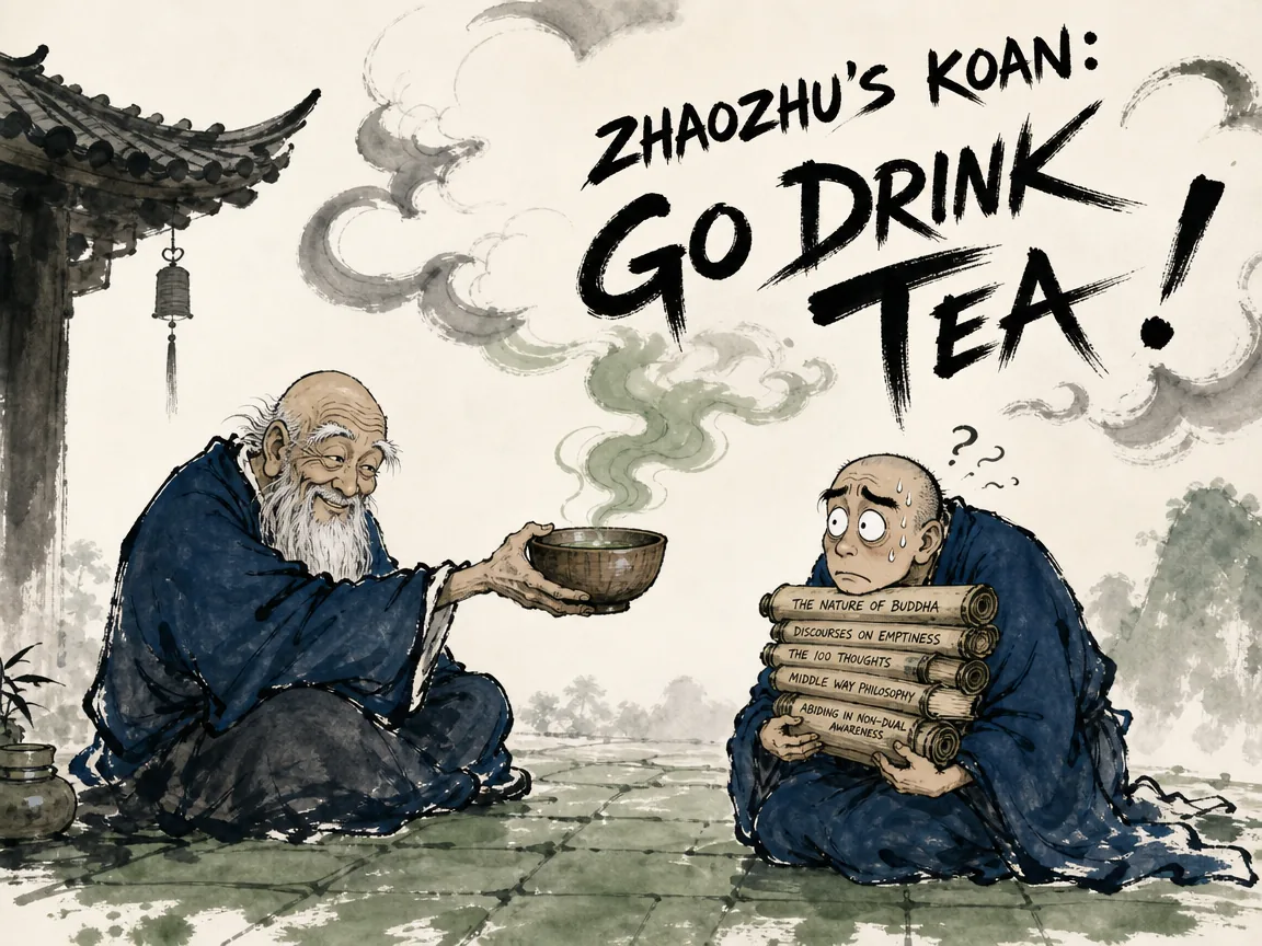 An ancient Chan master in tattered robes standing at a mossy stone bridge, offering a simple ceramic teacup to a puzzled scholar monk as morning mist dissolves all questions into warm amber steam in deep Prussian blue misty bridge silhouettes, warm amber tea steam, and expansive rice paper silence, illustrating the Zhaozhou koan of going to drink tea, where the seemingly mundane act of drinking cuts through intellectual confusion into direct present-moment experience on ChiDestiny