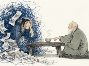 Genial Chan monk gently sliding a steaming teacup toward an overthinking scholar entangled in problem scrolls in humorous Zen literati ink cartoon with clean white space contrasting chaotic scribbles with serene tea stillness, illustrating Master Zhaozhou's iconic Chi Cha Qu (Just Drink Tea) koan, dissolving overthinking through direct sensory awareness on ChiDestiny