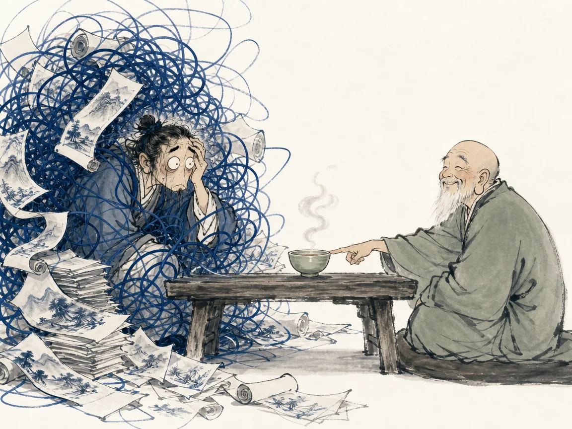 Genial Chan monk gently sliding a steaming teacup toward an overthinking scholar entangled in problem scrolls in humorous Zen literati ink cartoon with clean white space contrasting chaotic scribbles with serene tea stillness, illustrating Master Zhaozhou's iconic Chi Cha Qu (Just Drink Tea) koan, dissolving overthinking through direct sensory awareness on ChiDestiny