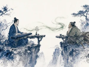 Scholar playing a rustic guqin across a misty canyon facing a listening woodcutter bathed in flowing vapor in airy contemplative canyon wash capturing wordless spiritual resonance between music player and listener, illustrating the profound spiritual bond of Zhiji (soul-knower), rooted in the legend of Boya and Zhong Ziqi on ChiDestiny
