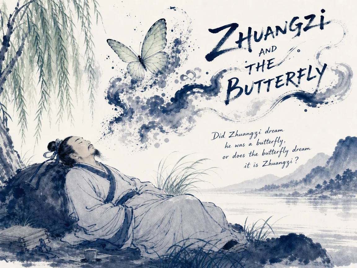 a sleeping scholar resting by a willow bank, a luminous magical butterfly fluttering above his head dissolving into ink clouds, questioning whether the man dreamt of the butterfly or the butterfly dreams of the man in contemporary literati Chinese ink cartoon style with Prussian blue ink wash, sage green accents, and Xuan paper negative space, illustrating zhuangzi and the butterfly, embodying 庄子斜倚草席浅睡，梦中化为一只翩翩起舞的青蝶穿花度柳，醒来恍惚不辨是庄周梦蝶还是蝶梦庄周 on ChiDestiny
