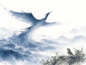 Silhouette of a modern professional stepping off an elevated corporate walkway into expansive misty azure sky in contemporary Chinese literati ink cartoon with Prussian Blue accents, illustrating releasing external conditions of worth through Zhuangzi's wu-suo-dai on ChiDestiny