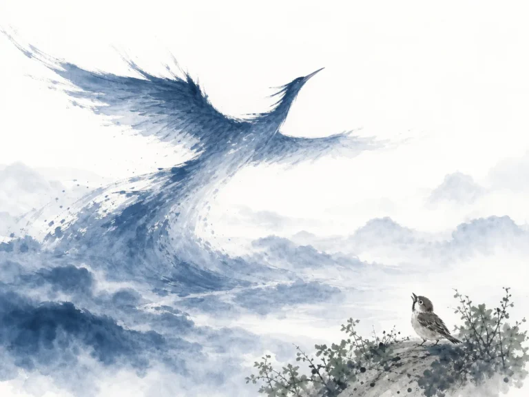 Silhouette of a modern professional stepping off an elevated corporate walkway into expansive misty azure sky in contemporary Chinese literati ink cartoon with Prussian Blue accents, illustrating releasing external conditions of worth through Zhuangzi's wu-suo-dai on ChiDestiny