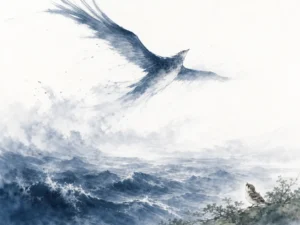 Majestic celestial Peng bird with vast cloud-like wings soaring above churning northern ocean waves into azure sky in dynamic atmospheric Chinese ink wash with Prussian Blue tones, illustrating transcending earthly limitations through unconditional spiritual freedom on ChiDestiny