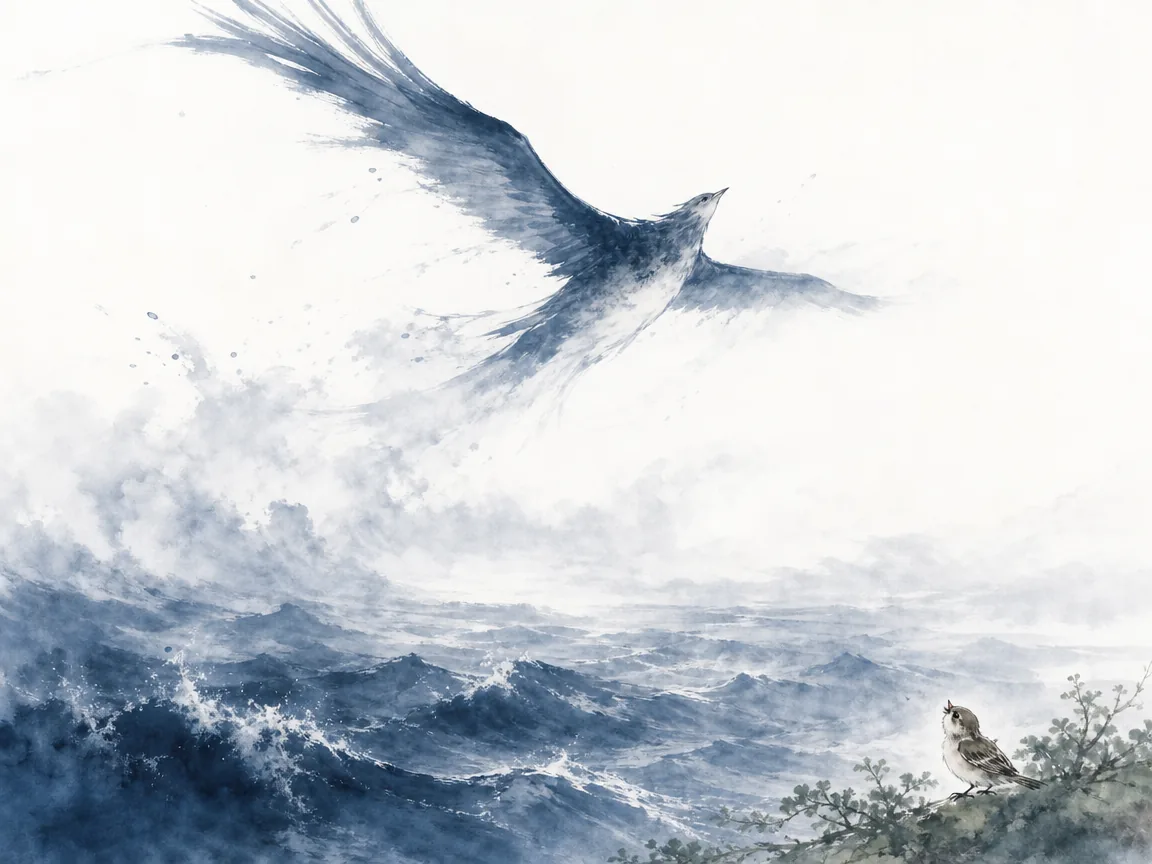 Majestic celestial Peng bird with vast cloud-like wings soaring above churning northern ocean waves into azure sky in dynamic atmospheric Chinese ink wash with Prussian Blue tones, illustrating transcending earthly limitations through unconditional spiritual freedom on ChiDestiny