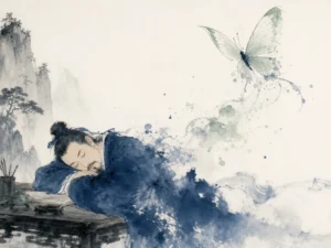 Luminous butterfly fluttering between mist-shrouded bamboo grove and sleeping scholar silhouette beside hollow wind-pipes in ethereal dreamlike Chinese literati ink wash, illustrating the mutual transformation of all things and the harmonizing flute of heaven on ChiDestiny