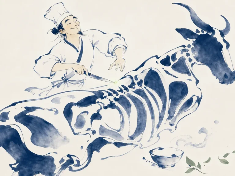 Master butcher gracefully gliding a gleaming slender blade through empty spaces of natural bone joints without friction in fluid calligraphic brush strokes capturing effortless motion, illustrating nourishing life by finding free space through intuitive mastery on ChiDestiny