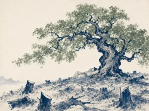 Spreading ancient gnarled tree sheltering a reading bench while logging trucks pass by on distant highway in poignant literati ink wash contrasting nature and commercial hurry, illustrating protecting inner sovereignty by refusing to be consumed by societal utility on ChiDestiny