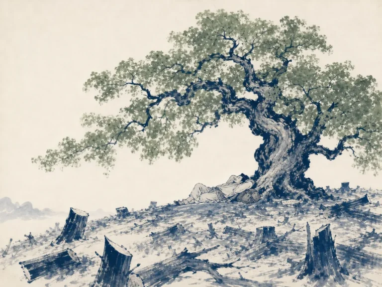 Spreading ancient gnarled tree sheltering a reading bench while logging trucks pass by on distant highway in poignant literati ink wash contrasting nature and commercial hurry, illustrating protecting inner sovereignty by refusing to be consumed by societal utility on ChiDestiny