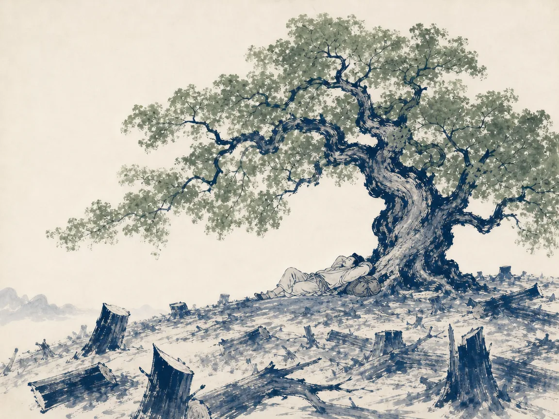 Spreading ancient gnarled tree sheltering a reading bench while logging trucks pass by on distant highway in poignant literati ink wash contrasting nature and commercial hurry, illustrating protecting inner sovereignty by refusing to be consumed by societal utility on ChiDestiny