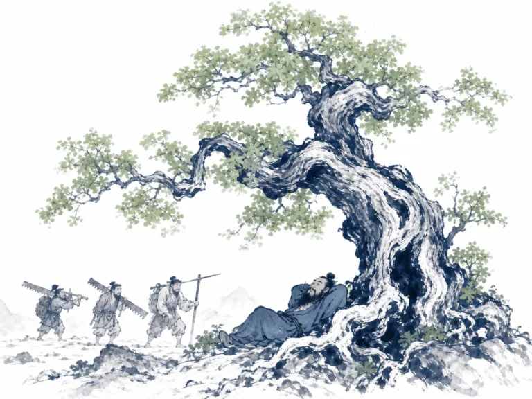 Gigantic gnarled ancient oak tree spreading vast sheltering shade over shrine grounds while straight timber is felled around it in textured classical landscape ink painting with weathered bark details, illustrating the supreme protection and enduring wisdom found in perceived uselessness on ChiDestiny