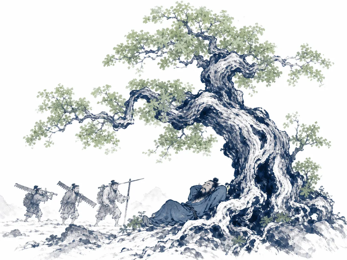 Gigantic gnarled ancient oak tree spreading vast sheltering shade over shrine grounds while straight timber is felled around it in textured classical landscape ink painting with weathered bark details, illustrating the supreme protection and enduring wisdom found in perceived uselessness on ChiDestiny
