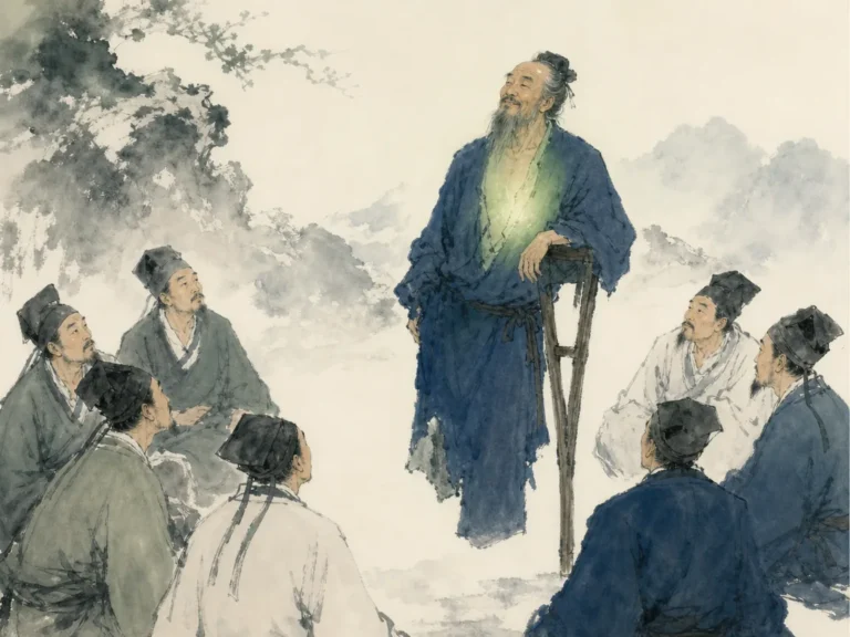Serene disabled sage leaning peacefully on wooden crutch surrounded by eager disciples listening under pine boughs in introspective literati monochrome portrait with dignified posture, illustrating complete inward virtue transcending bodily deformities and social judgments on ChiDestiny