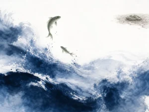 Solitary sage sitting in deep seated meditation atop mountain crest dissolving into clouds and cosmic constellations in monumental Song-inspired ink wash landscape, illustrating the True Person of Dao practicing sitting-and-forgetting to transcend life and death on ChiDestiny