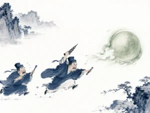 Glassy still mountain lake reflecting sky and passing geese without retaining any trace or ripple in minimalist Chinese ink wash highlighting tranquil water reflection, illustrating the mind of the sage responding like a mirror without harboring expectations on ChiDestiny