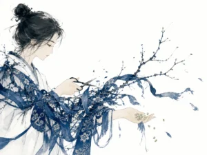 Tree branch shedding artificial decorative ribbons into autumn breeze to reveal natural green leaves in clarifying Chinese ink and brush art with crisp line work, illustrating distinguishing your authentic desires from grafted societal conditioning on ChiDestiny