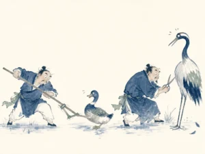 Wild duck resting with short webbed feet beside tall crane standing on slender legs in river reeds in naturalistic Chinese ink and watercolor bird study, illustrating preserving inherent nature without artificial amputations or forced additions on ChiDestiny