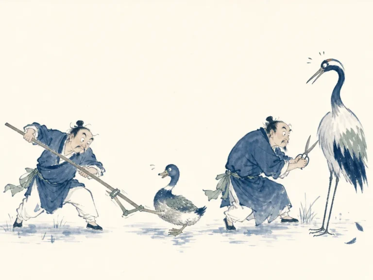 Wild duck resting with short webbed feet beside tall crane standing on slender legs in river reeds in naturalistic Chinese ink and watercolor bird study, illustrating preserving inherent nature without artificial amputations or forced additions on ChiDestiny