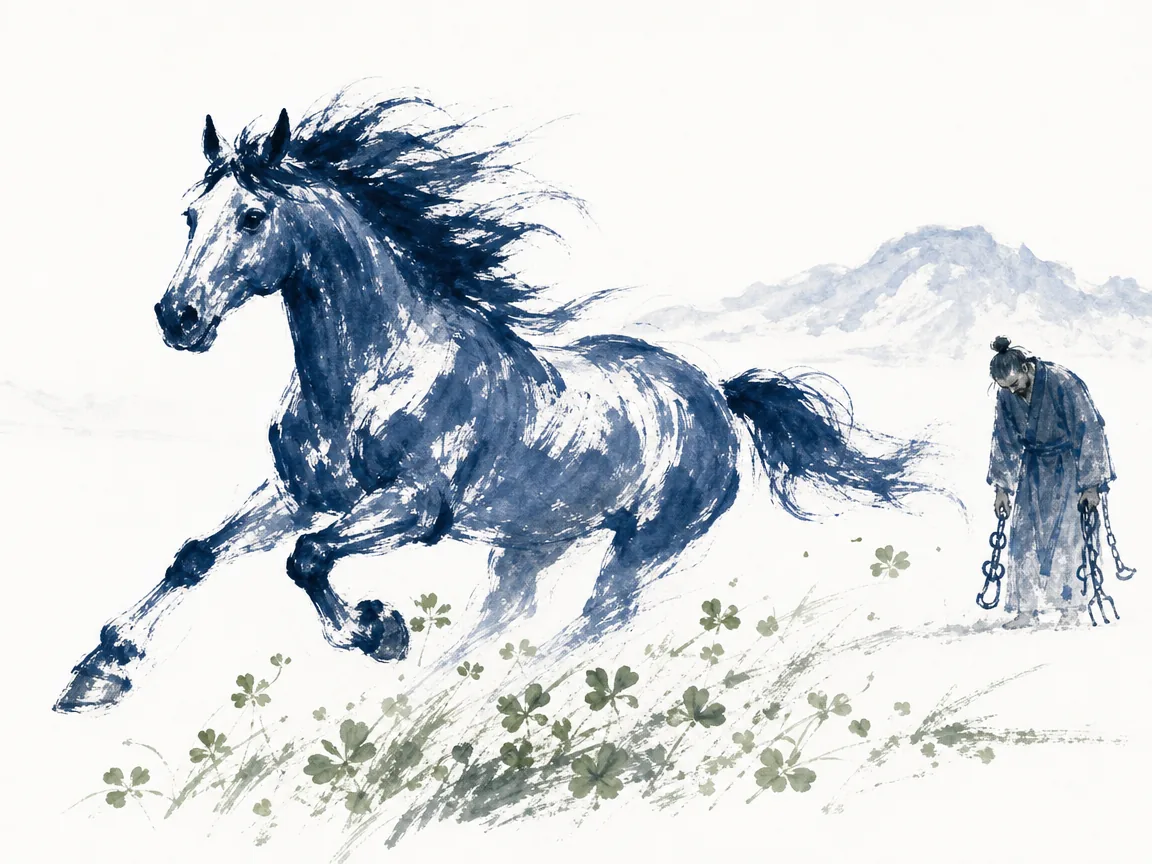 Herd of wild horses galloping freely across lush boundless grasslands under wide open mountain sky in spirited expressive ink brushwork with dynamic movement, illustrating the pristine wild nature of living beings corrupted by artificial training on ChiDestiny