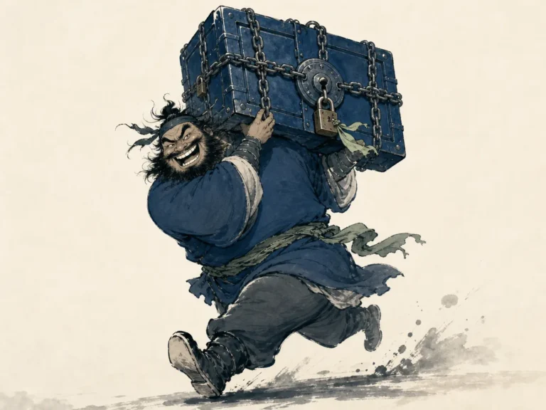 Elaborately locked wooden iron-bound chest sitting opened and ransacked in shadowy ancient counting house in stark dramatic monochrome wash with deep shadow contrasts, illustrating how clever locks and institutional safeguards ultimately arm the great thief on ChiDestiny