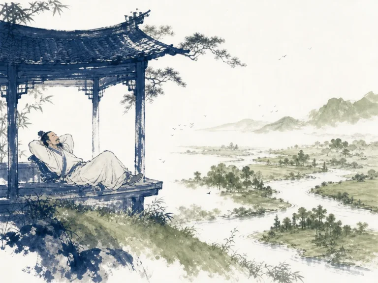 Immense dragon figure coiled peacefully in cloud mist above sleeping countryside without disturbing a leaf in mythological literati ink brushwork with swirling atmospheric clouds, illustrating letting the world be and restraining the compulsive impulse to over-govern minds on ChiDestiny