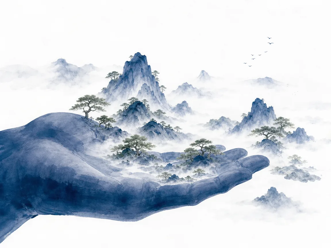 Open palm letting cool river water flow through fingers instead of clenching into tight fist in soothing water and hand ink study with soft fluid washes, illustrating releasing obsessive life management to discover spontaneous balance on ChiDestiny