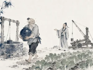 Elderly rustic gardener carrying heavy clay water pot from deep stone well to irrigate vegetable patch with peaceful smile in rustic agrarian Chinese ink painting with grounded textures, illustrating choosing pure simplicity over cunning mechanical contrivances that breed restless minds on ChiDestiny
